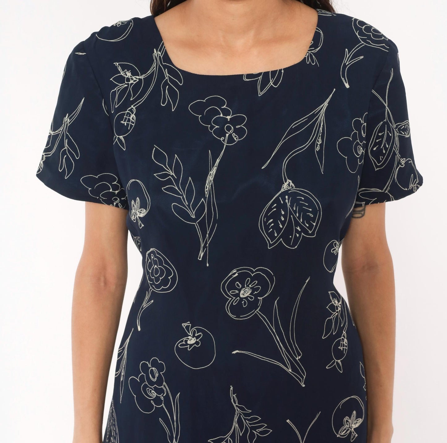 90s Talbots Navy Botanical Line Drawing Knee Dress White Floral Scoop Neck Large L