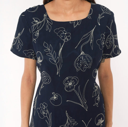 90s Talbots Navy Botanical Line Drawing Knee Dress White Floral Scoop Neck Large L