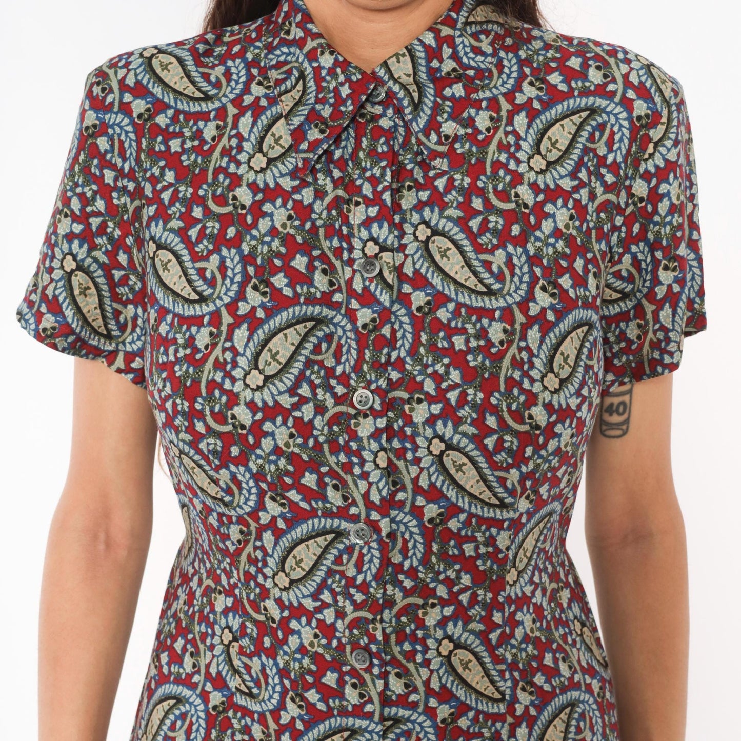 90s Crazy Horse Paisley Maxi Shirtdress Burgundy Small S
