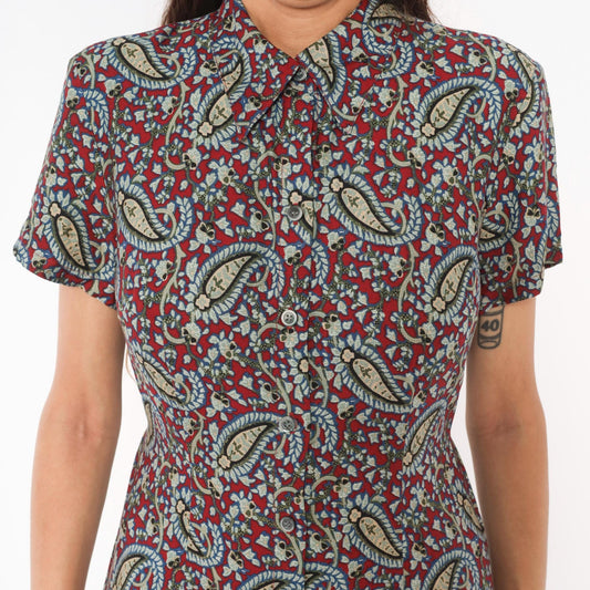 90s Crazy Horse Paisley Maxi Shirtdress Burgundy Small S