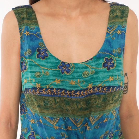 90s Tribal Floral Midi Dress Teal Blue Green Gold Tie Waist Tank Medium M