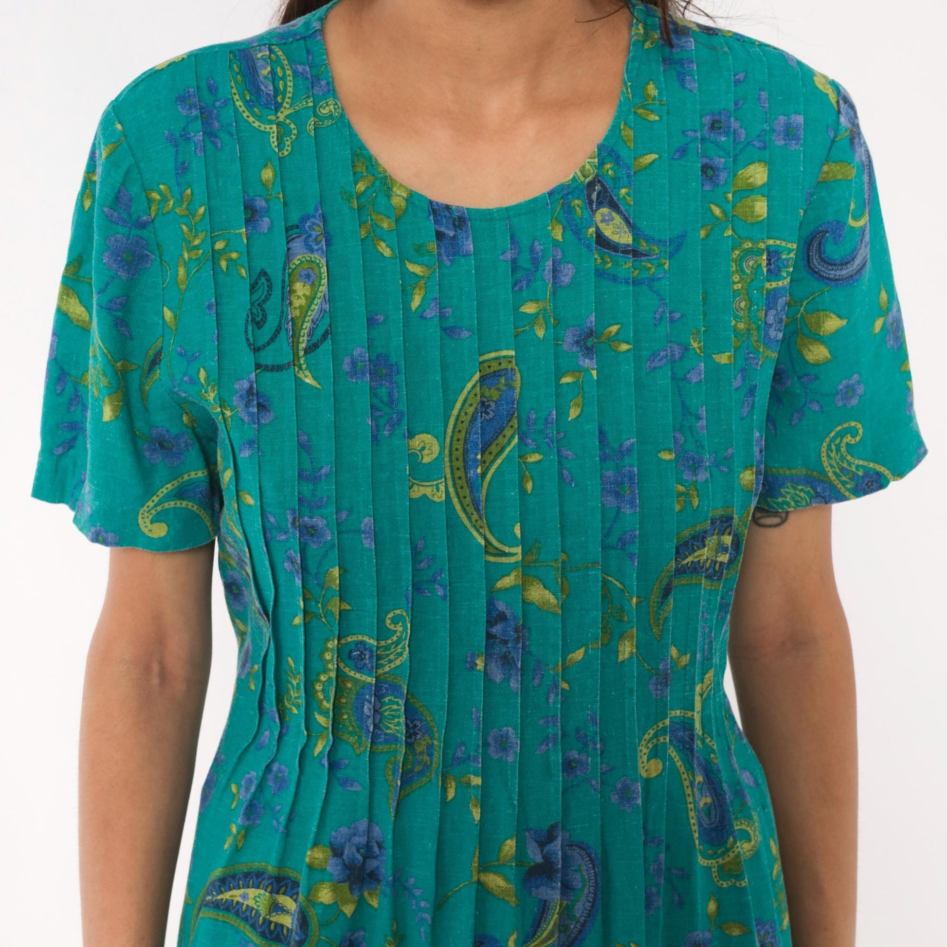 90s Miss Dorby Paisley Pintuck Midi Dress Teal Floral Cotton Medium M
