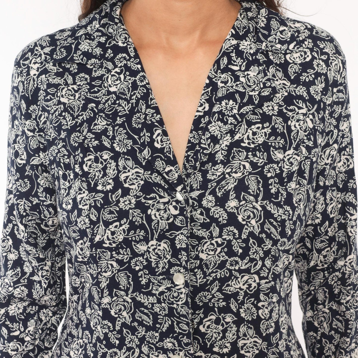 90s Two Twenty Floral Button Front Midi Dress Navy Cream Rose Print Medium M