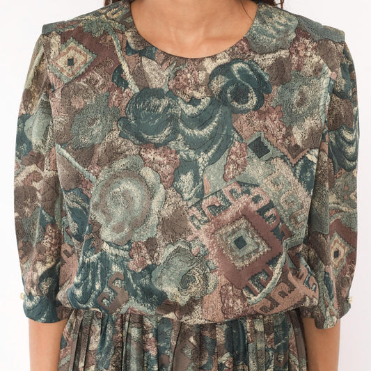 80s M.C.S.Ltd. Abstract Floral Patchwork Dress Puff Sleeve Pleated Knee Teal Medium Large