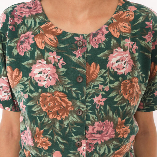 90s Shenanigans Floral Romper Green Pink Rose Drawstring Waist Medium M