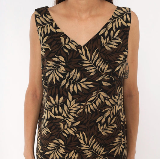 90s Studio I Tropical Leaf Print Midi Dress Sleeveless V-Neck Black Large L