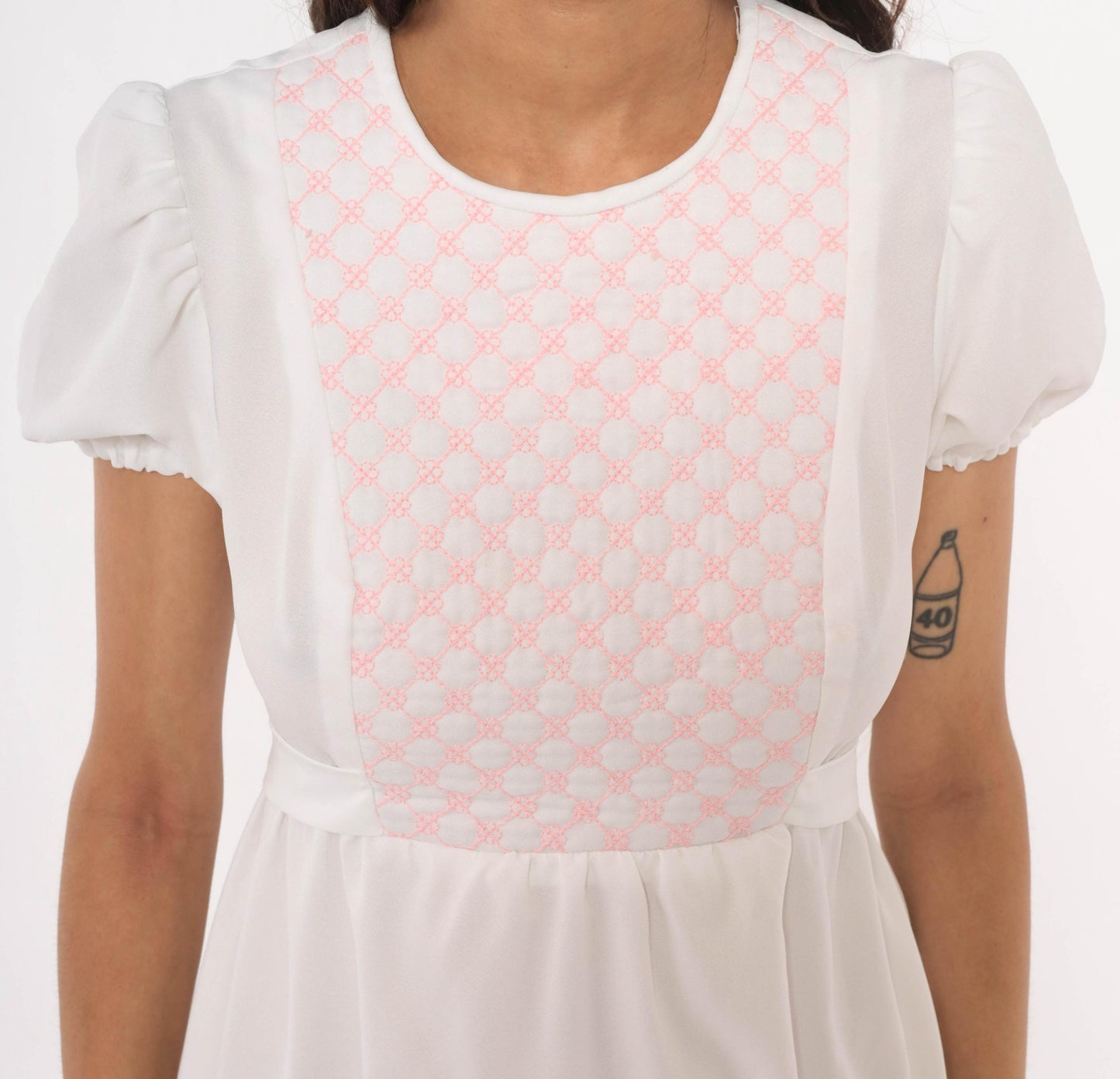 70s Sears Jr White Pink Quilted Puff Sleeve Mini Dress A-Line Small