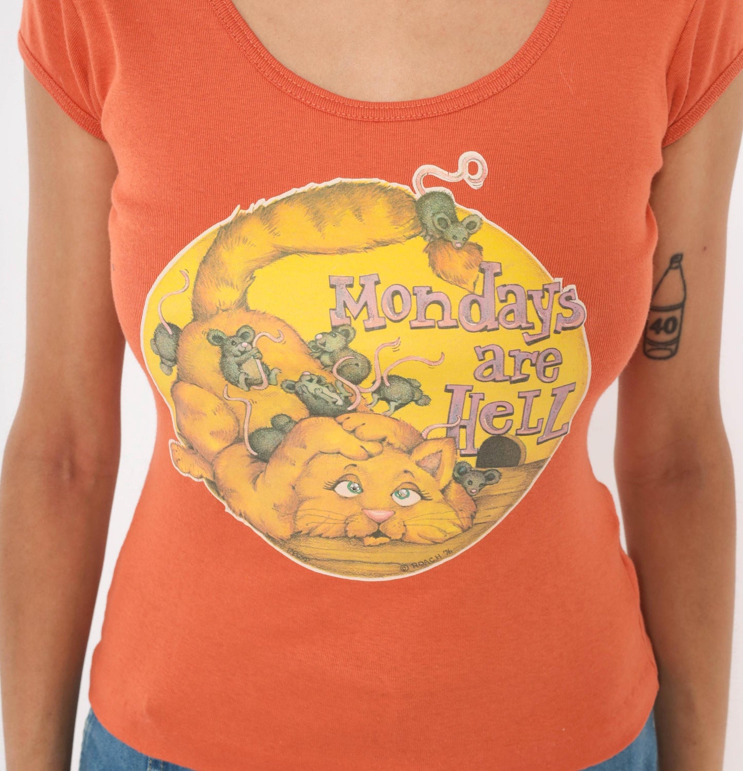 70s You Babes Cat Graphic Tee Orange Scoop Neck Cotton Small