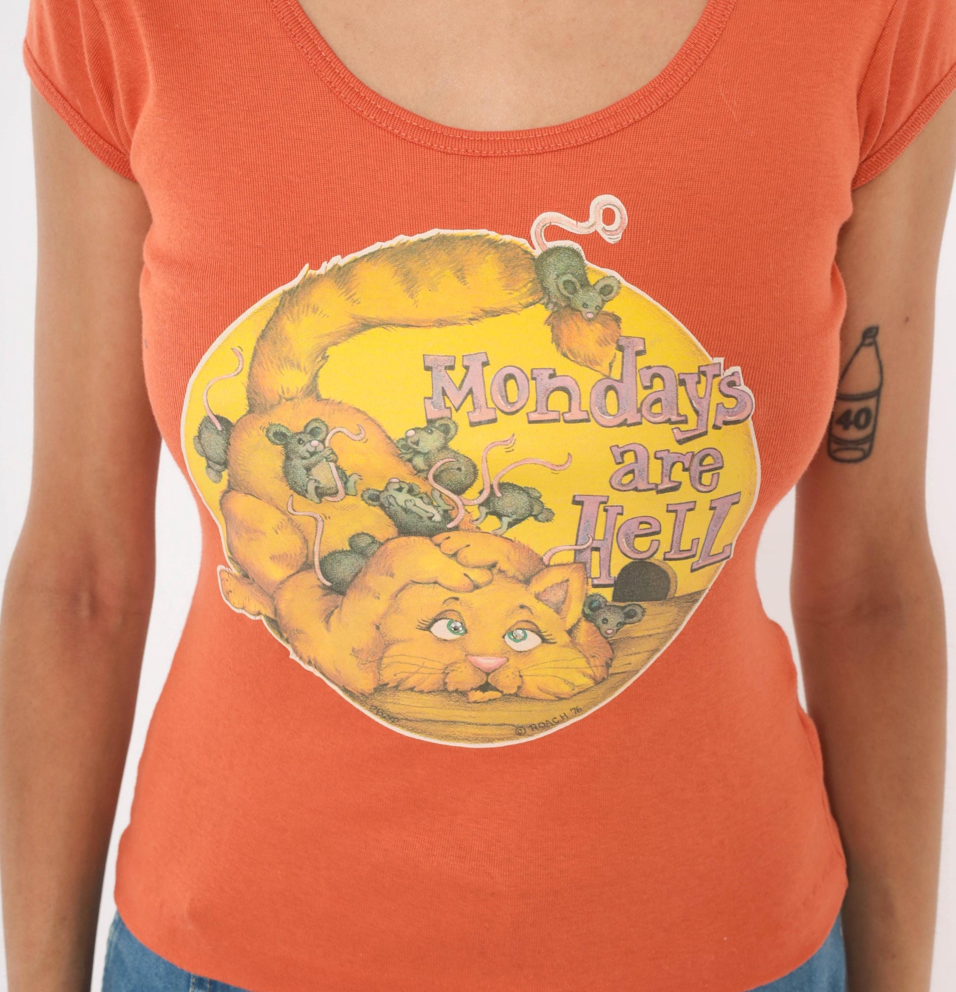70s You Babes Cat Graphic Tee Orange Scoop Neck Cotton Small