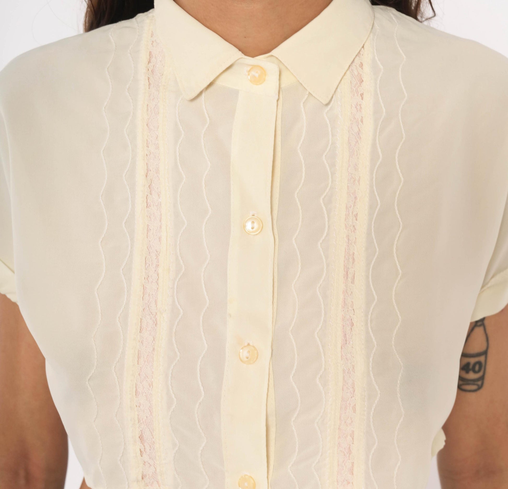 70s Caraco California Cream Crop Top Lace Pintuck Button Front Small
