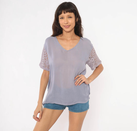 90s Marisol Lavender Crochet Sleeve Blouse Semi Sheer V-Neck Small