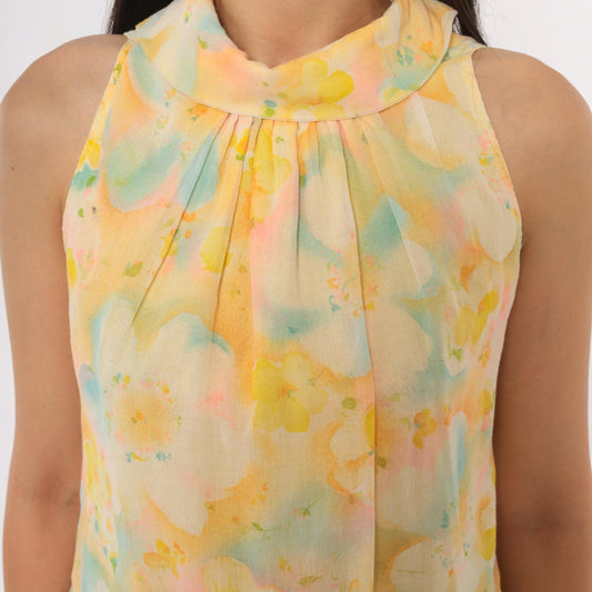 70s Watercolor Floral Sleeveless Blouse Yellow Pink Blue Cotton Mock Neck Extra Small