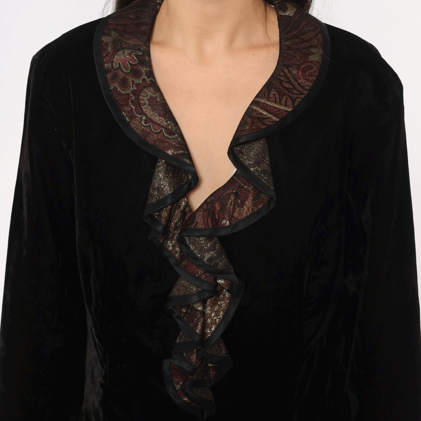 90s Patra Black Velvet Blazer Burgundy Gold Brocade Ruffle Collar Large L