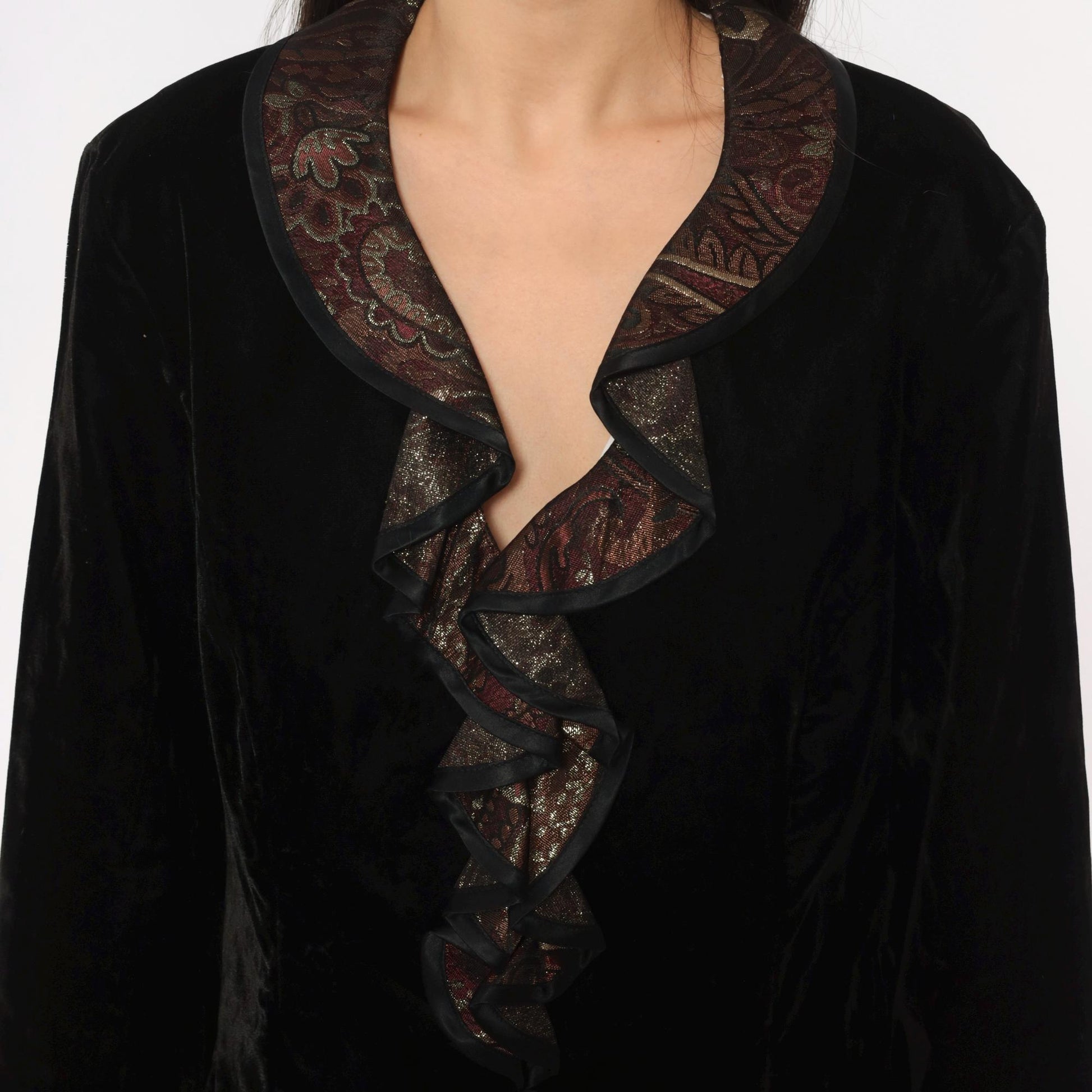 90s Patra Black Velvet Blazer Burgundy Gold Brocade Ruffle Collar Large L