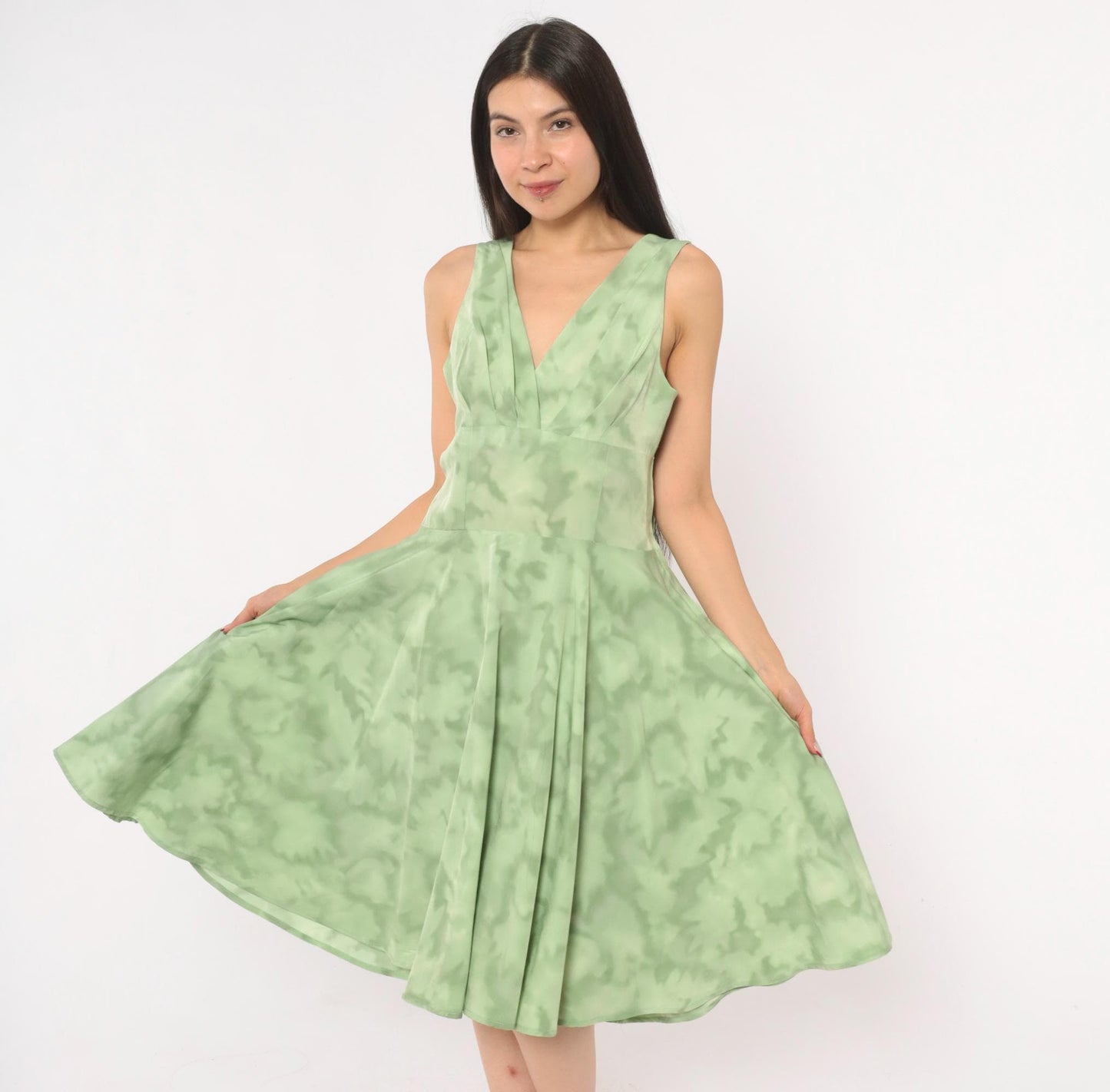 80s Sage Mint Tie Dye Sleeveless V-Neck Dress Pleated Knee Length Large