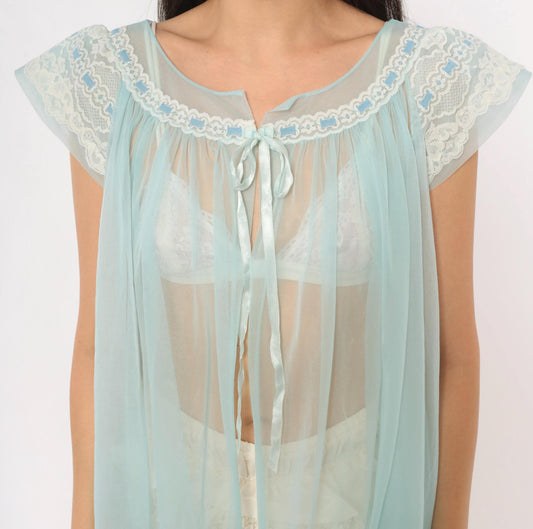 70s Baby Blue Sheer Peignoir Robe Lace Trim Cap Sleeve Nightgown Small