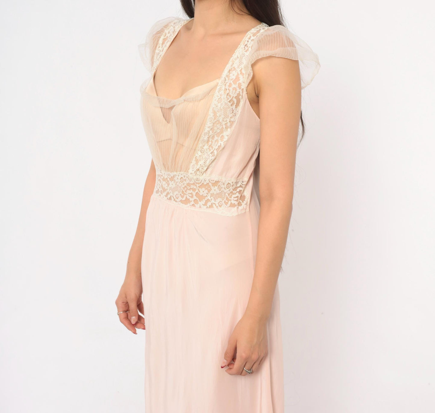 1950s Blush Pink Nylon Nightgown Maxi Slip Lace Trim Cap Sleeve Large L