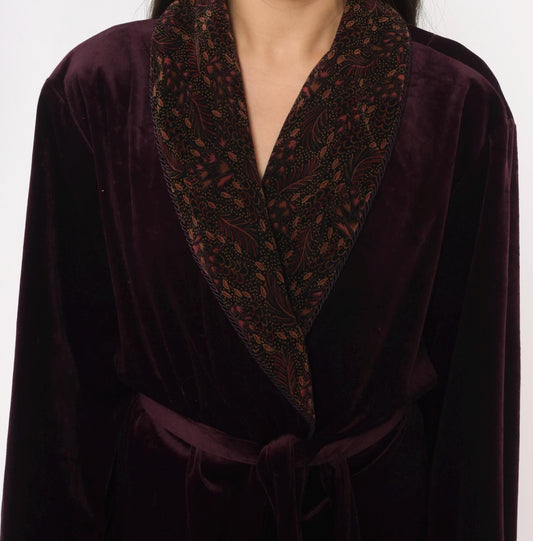 90s Plum Velvet Robe Shawl Collar Paisley Satin Lined Maxi Medium M