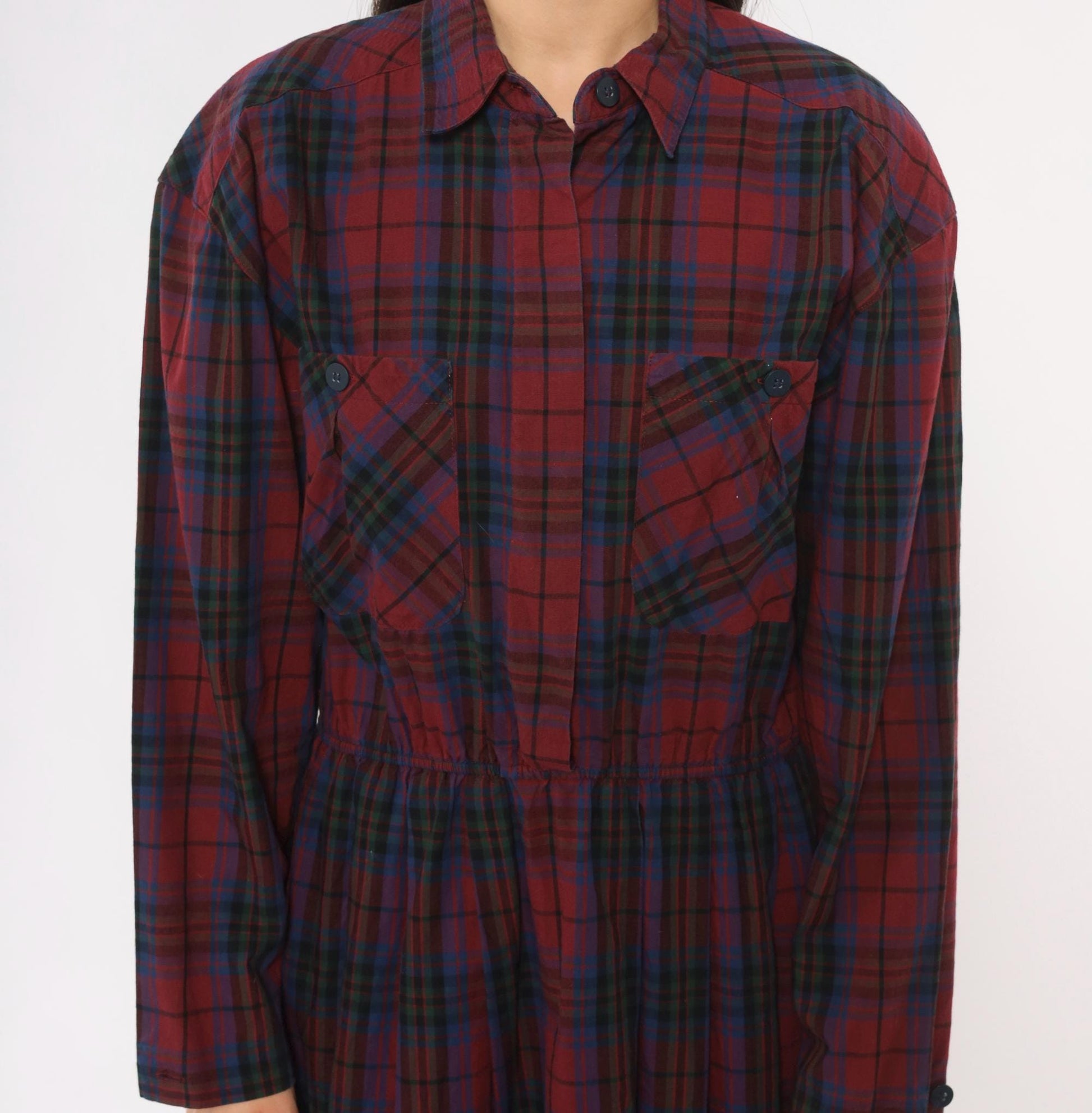 80s Dépèche Mode Plaid Maxi Dress Burgundy Navy Cotton Shirt Collar Medium
