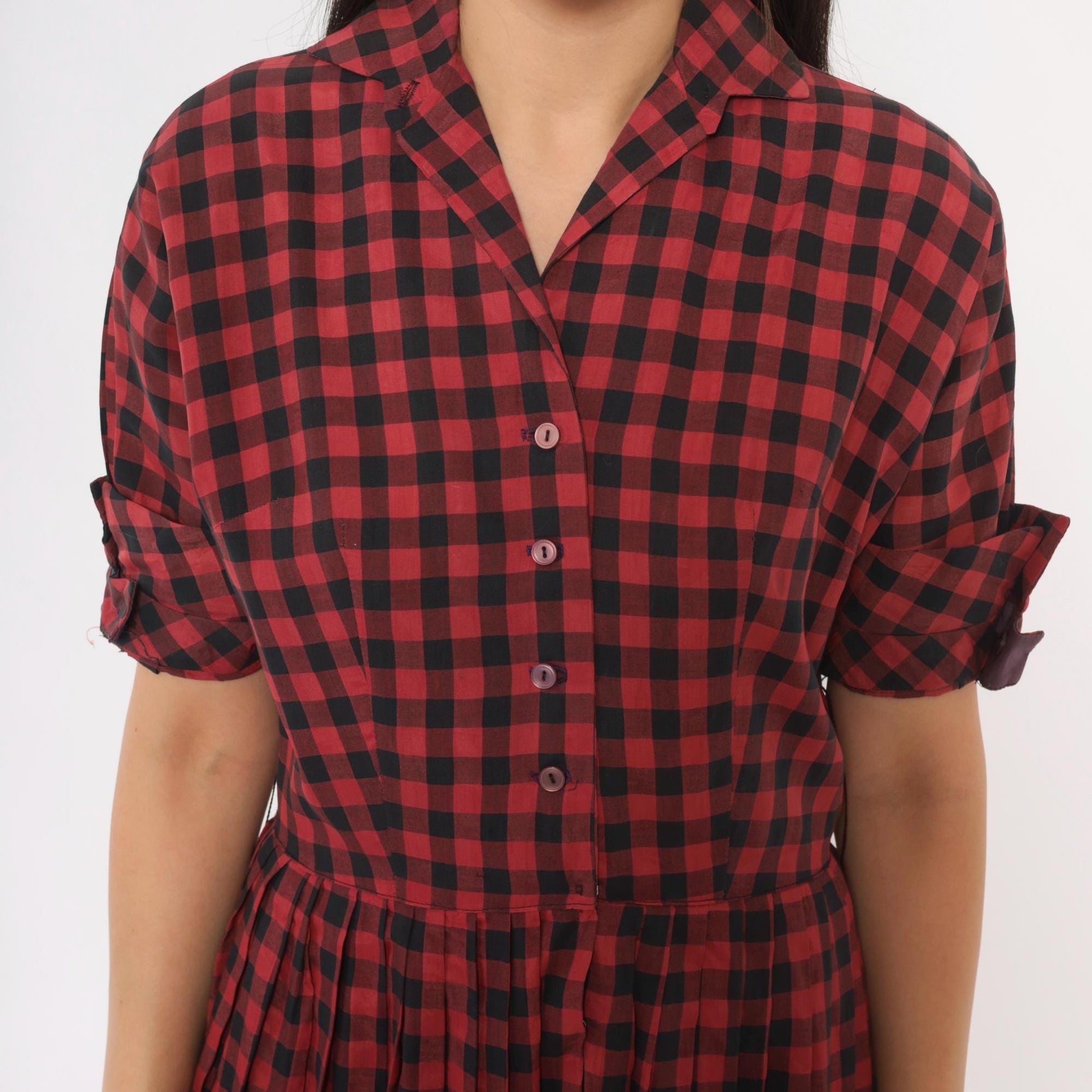 60s Meg Marlowe Buffalo Check Shirtdress Burgundy Black Plaid Cotton Small