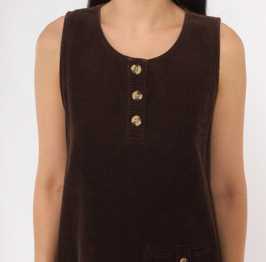 90s Brown Corduroy Midi Jumper Dress Henley Neckline Shift Small S