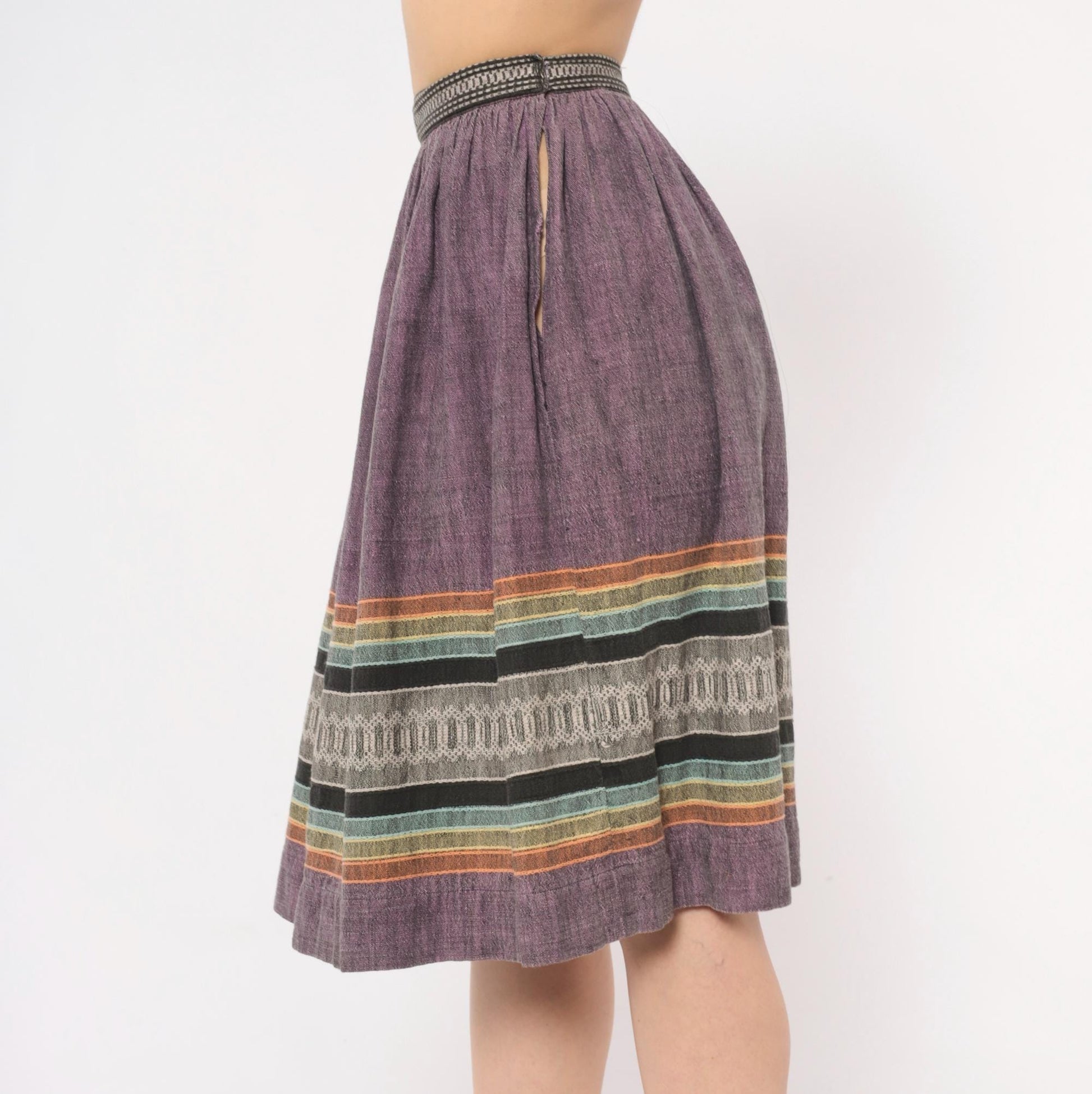 1980s Purple Woven Stripe Knee Skirt Cotton Linen Gathered Waist XS