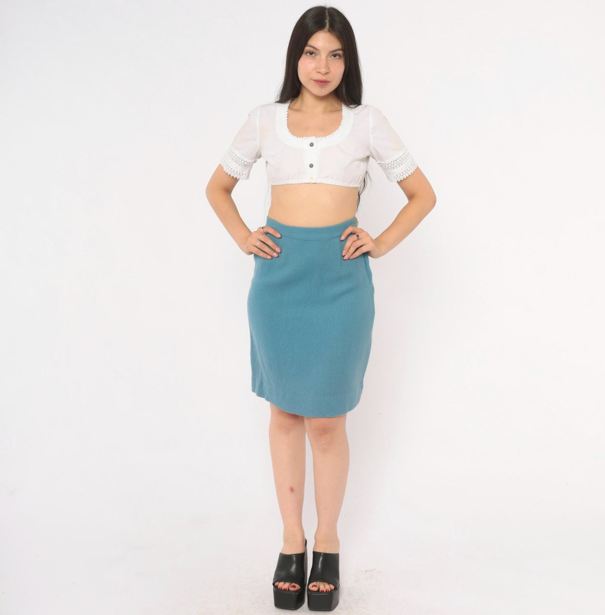 60s Dusty Blue Wool Pencil Skirt High Waist Side Zip Knee Length Extra Small XS
