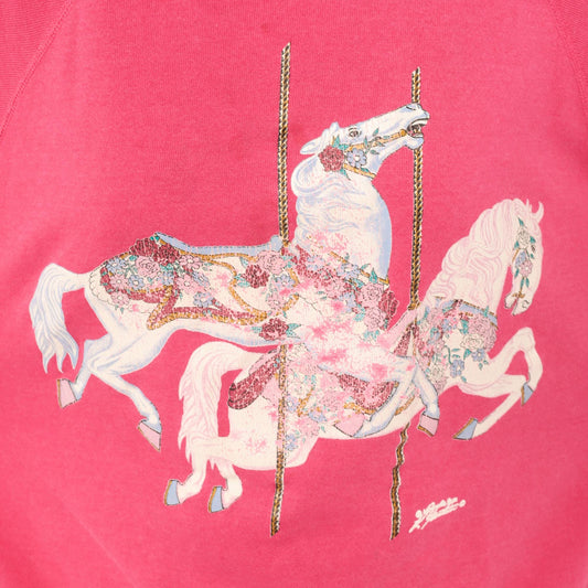 90s Carousel Horse Sweatshirt Pink Collared Graphic Raglan Medium M