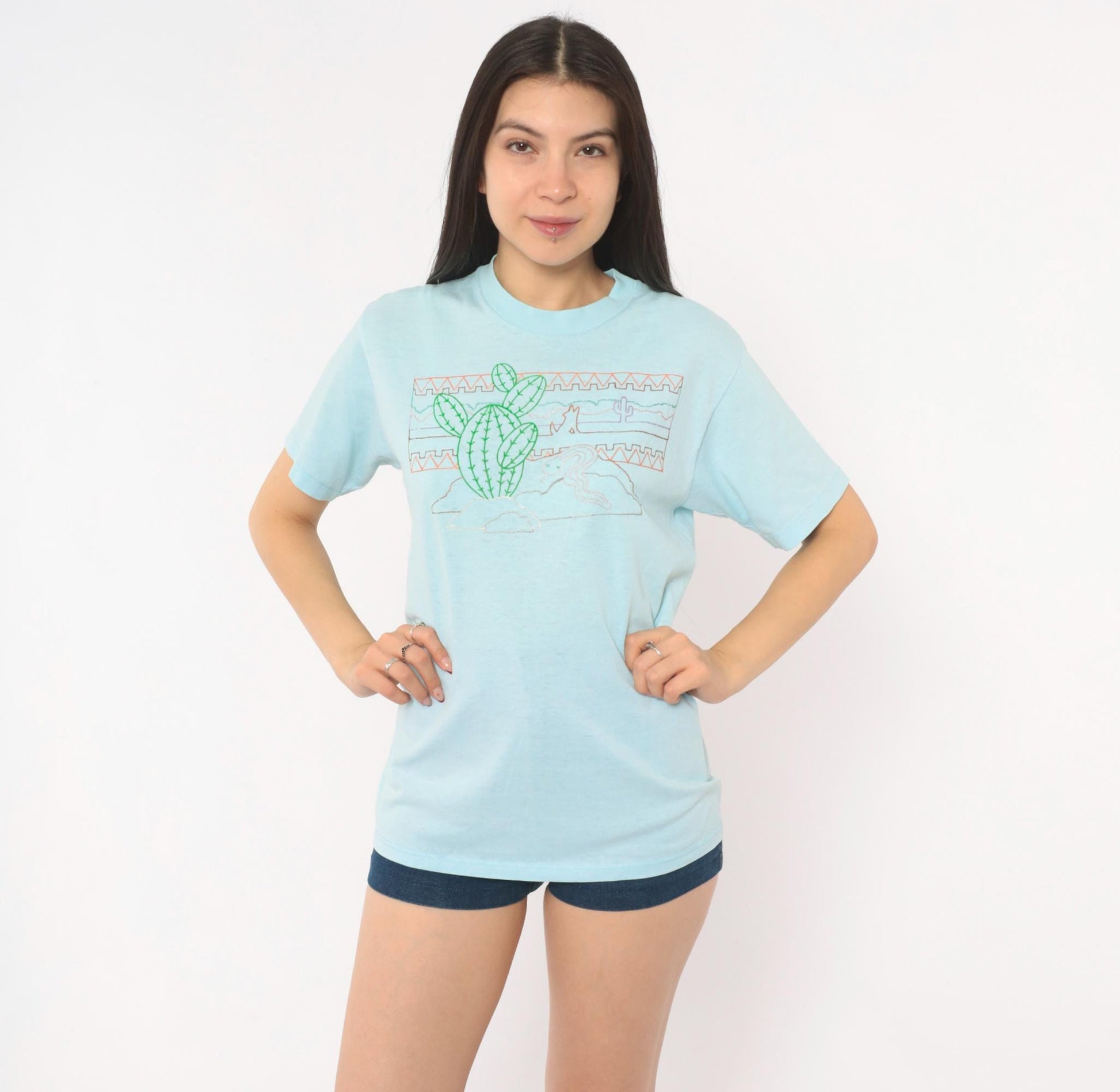 80s Sunbelt Sportswear Desert Cactus Snake Graphic Tee Light Blue Small