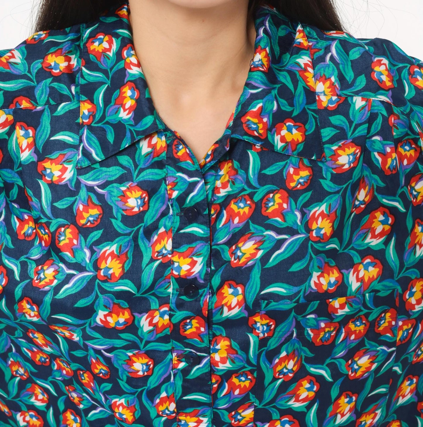 80s Josephine Floral Print Shirt Navy Tulip Blouse Collared Large L