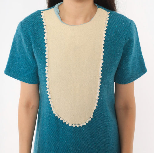 1960s Teal Wool Shift Dress Cream Bib Panel Lace Trim Knee Length Small
