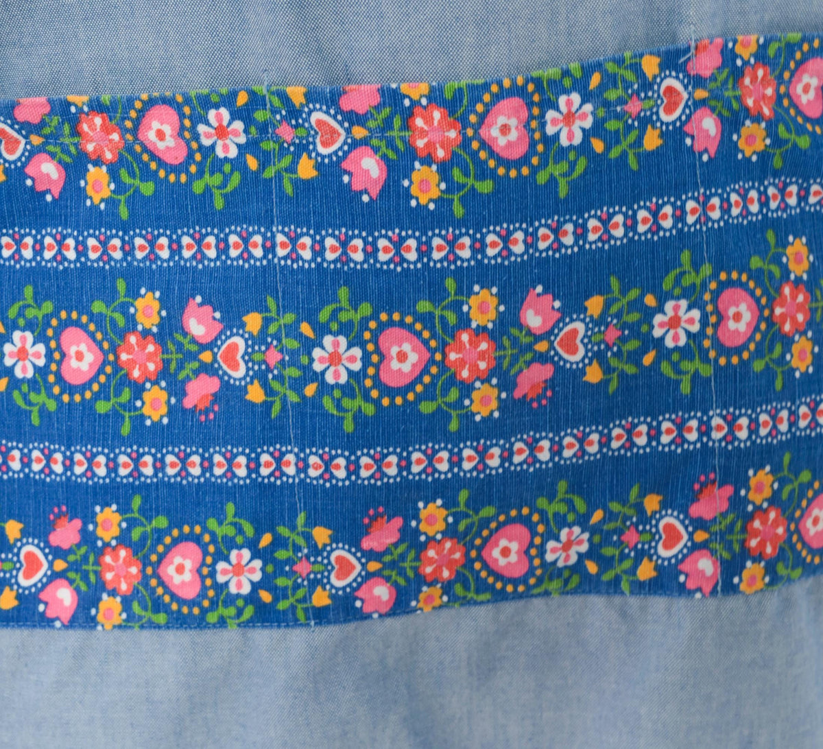 70s Light Blue Chambray Tunic Apron Dress Floral Print Open Back Small