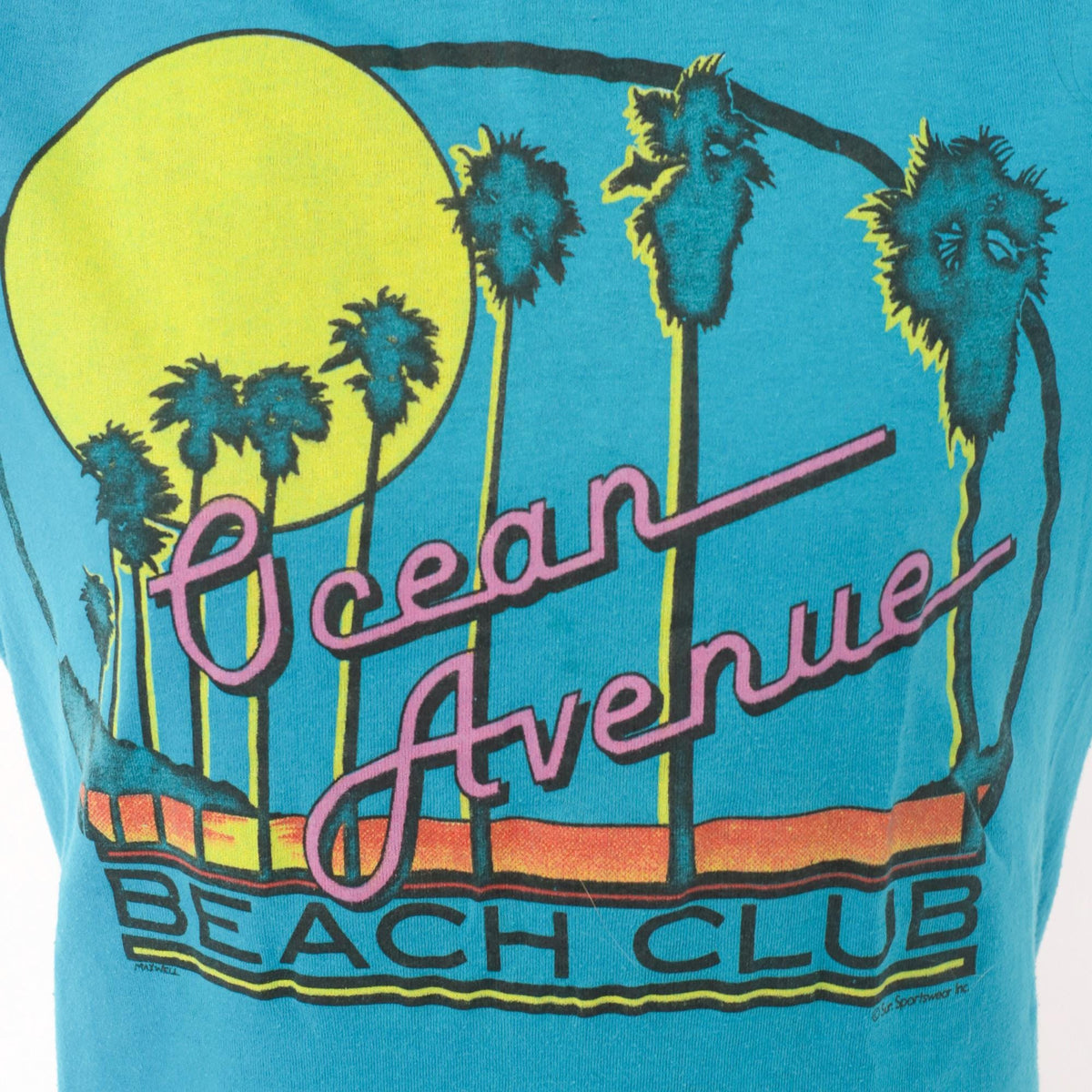 80s Chemise D'Sol Ocean Avenue Beach Club Teal Graphic Tee Palm Tree Sunset Small