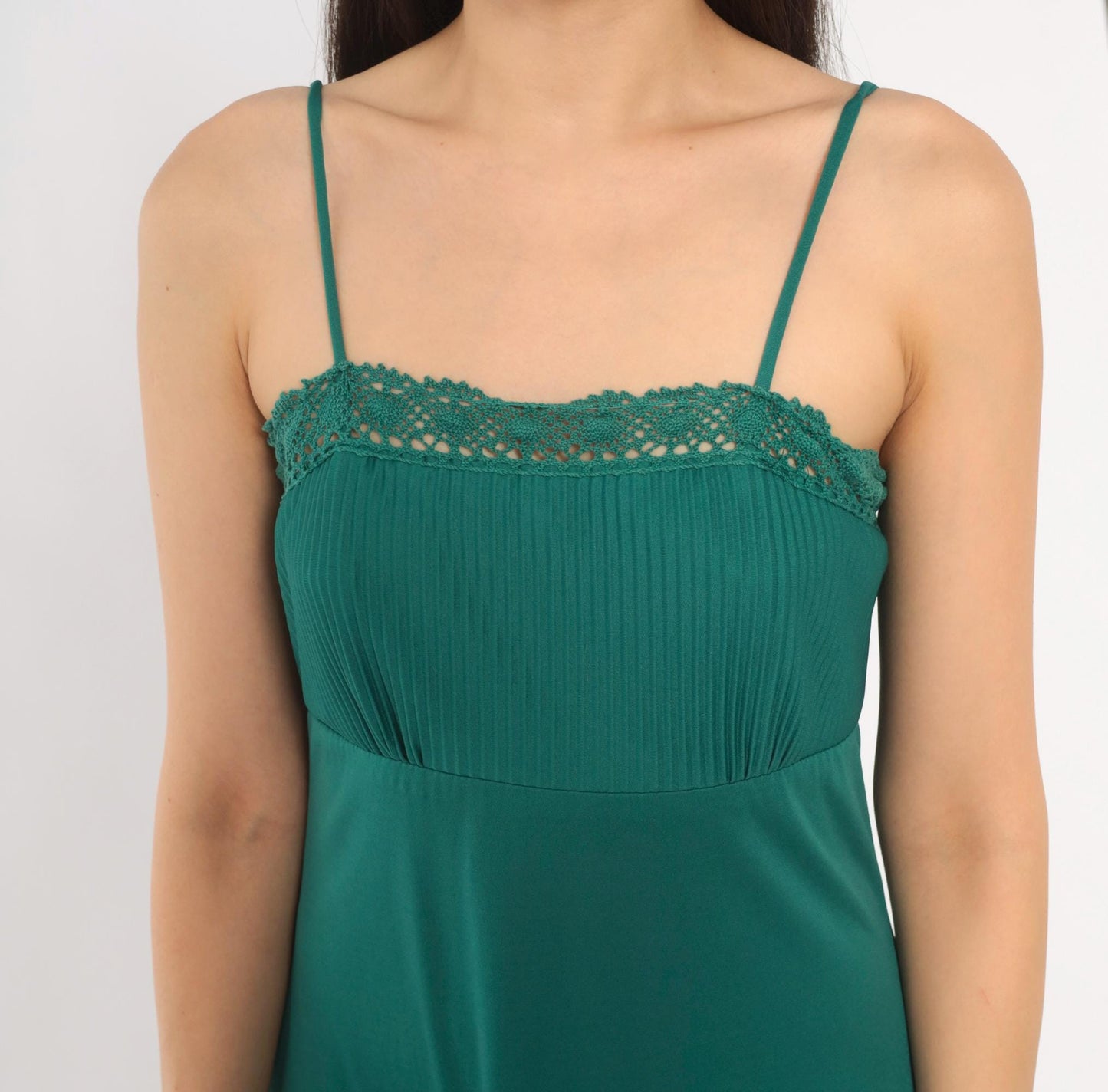 70s Teal Crochet Lace Maxi Dress Empire Waist Spaghetti Strap Extra Small
