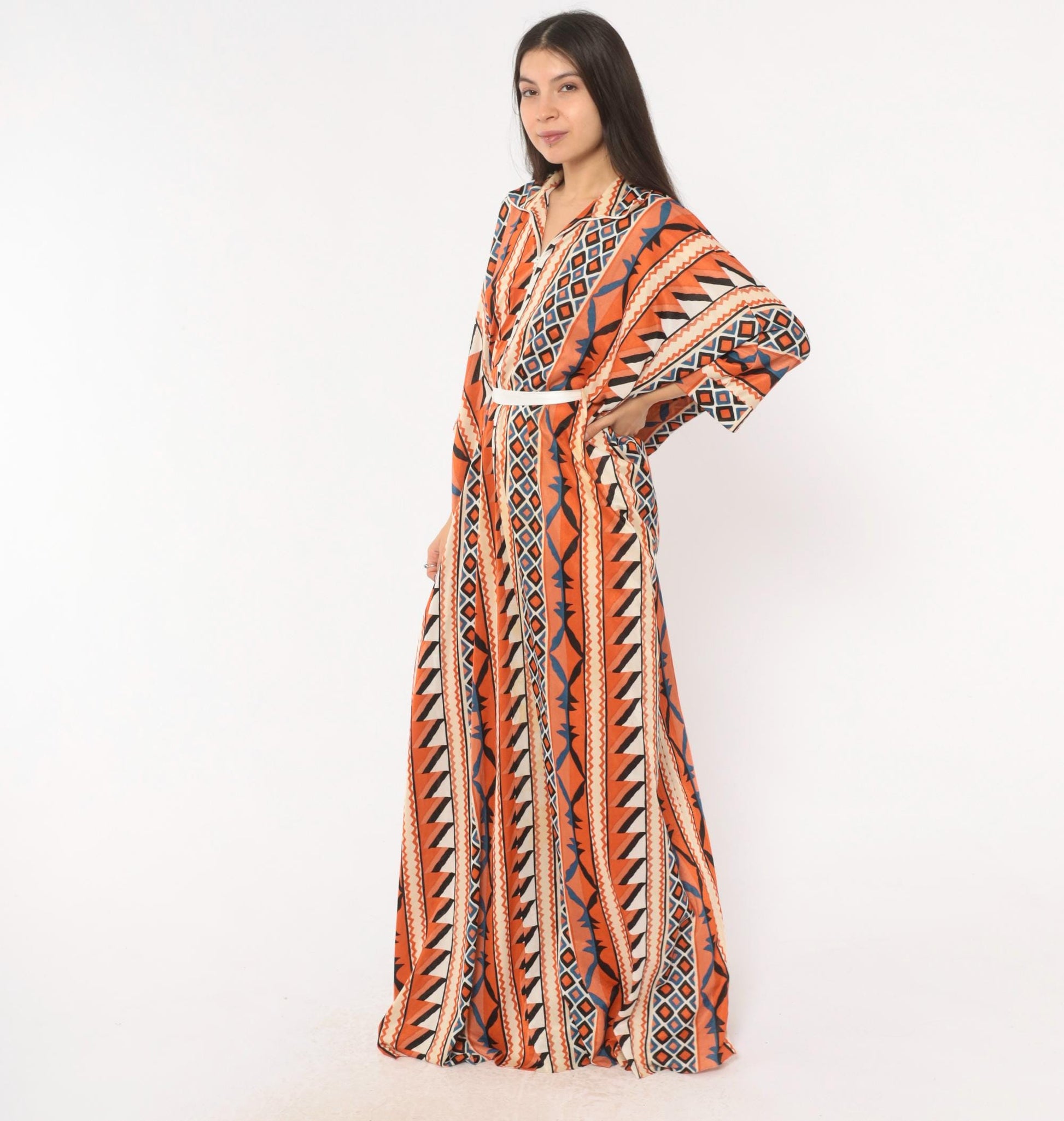 70s Le Voys Aztec Caftan Maxi Dress Orange Cream Blue Geometric Tribal Stripe One Size