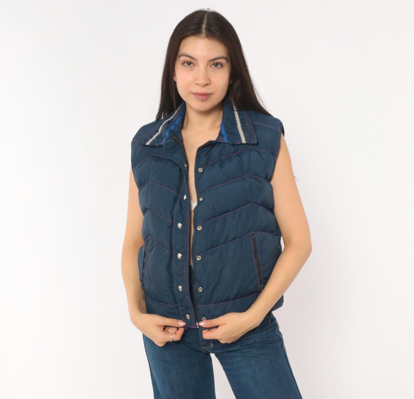 80s Frostline Kit Navy Puffer Vest Chevron Quilted Snap Front Small