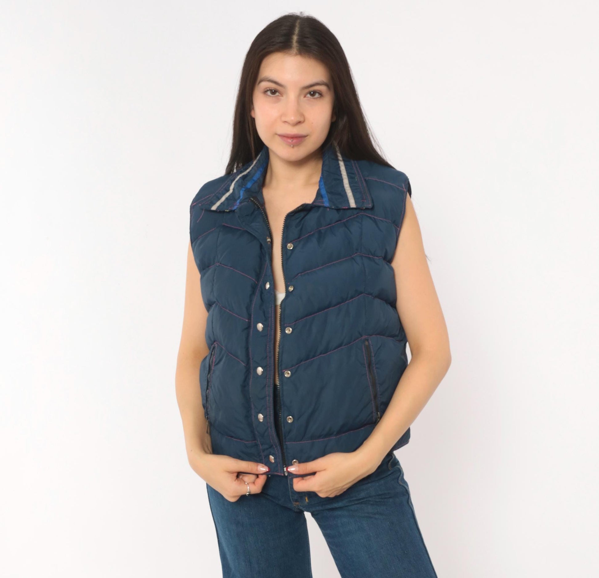 80s Frostline Kit Navy Puffer Vest Chevron Quilted Snap Front Small