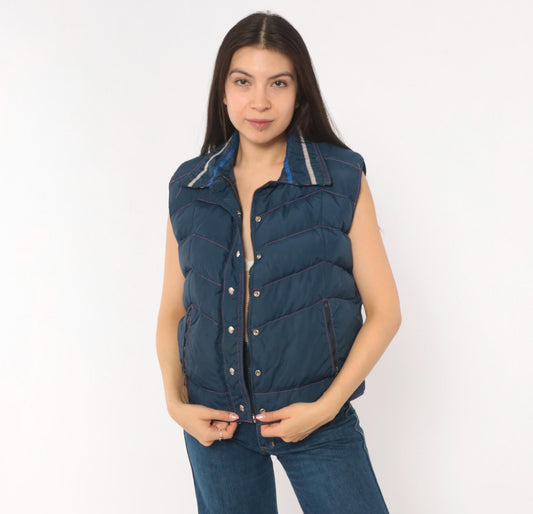 80s Frostline Kit Navy Puffer Vest Chevron Quilted Snap Front Small