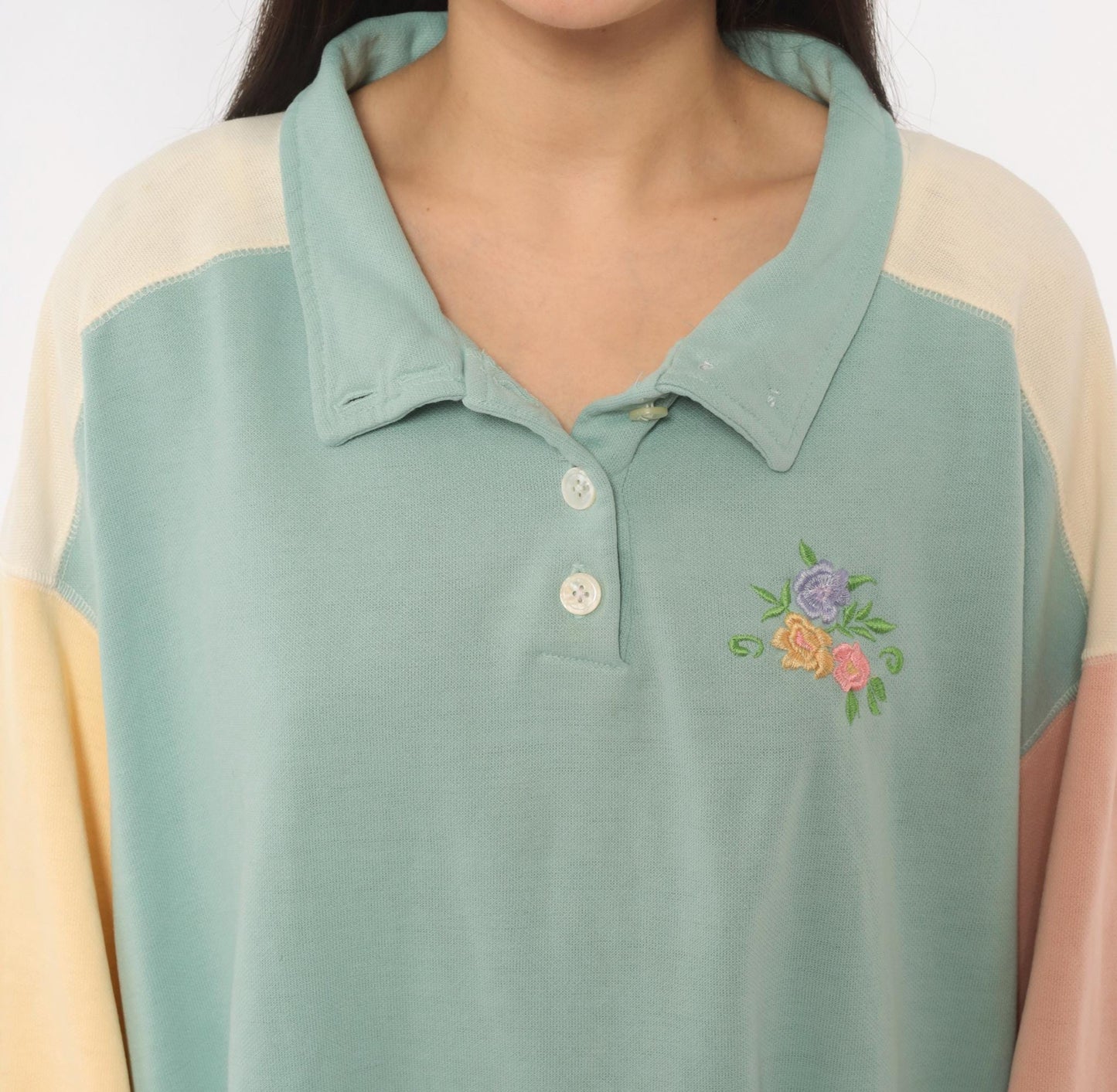 80s Ys Casuals Pastel Color Block Polo Sweatshirt Floral Embroidered Extra Large XL