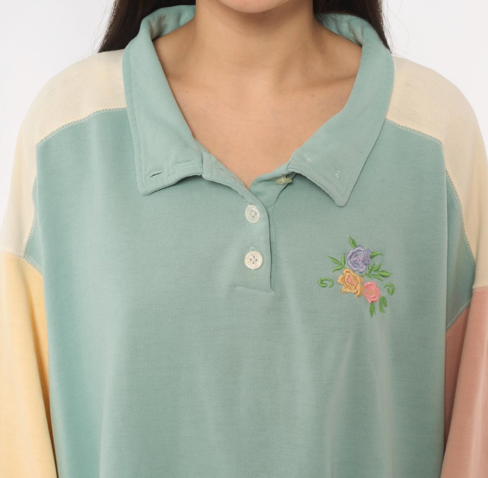 80s Ys Casuals Pastel Color Block Polo Sweatshirt Floral Embroidered Extra Large XL
