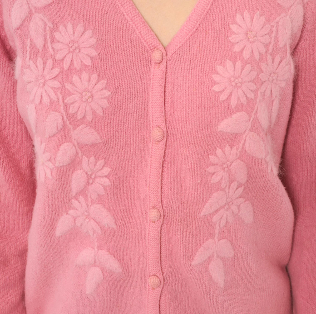 80s NKKC Rose Pink Lambswool Cardigan Floral Embroidered V-Neck Medium M