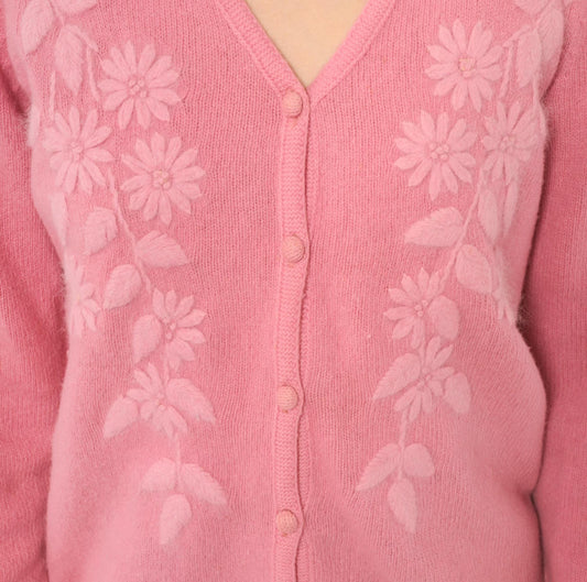 80s NKKC Rose Pink Lambswool Cardigan Floral Embroidered V-Neck Medium M