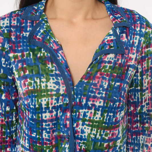 70s Puritan Forever Yours Abstract Crosshatch Blouse Blue Pink Green Small