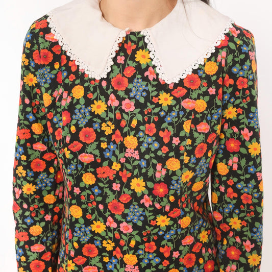 60s Black Floral Peter Pan Collar Shift Dress Wildflower Print Small