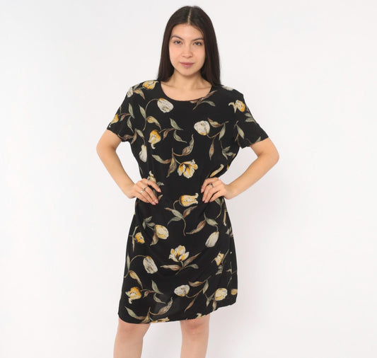 90s Laura Scott Tulip Shift Dress Black Floral Scoop Neck Knee Length Large L