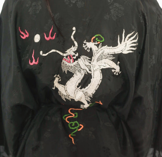 90s Golden Bee Black Satin Kimono Robe Dragon Embroidered Medium M