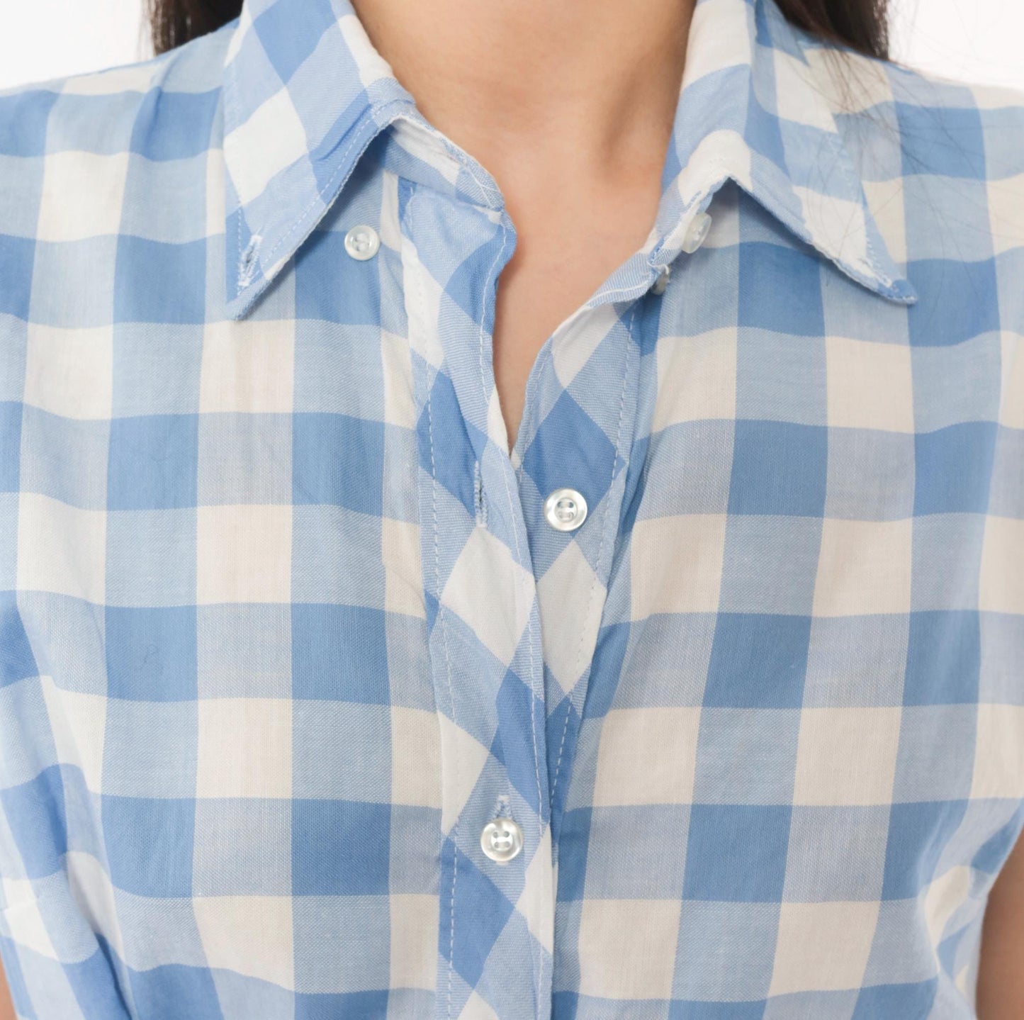 60s Laura Mae Life Gingham Shirt Dress Blue White Check Knee-Length Cotton Medium M