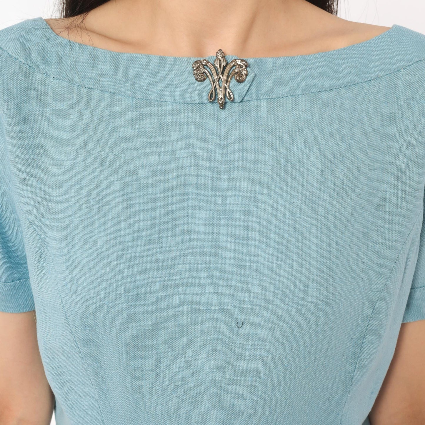 60s Mod Shift Dress Wool Boat Neck Blue Silver Brooch Large L