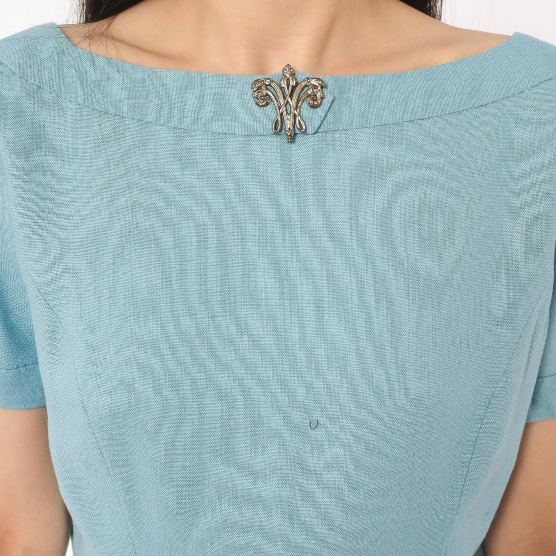 60s Mod Shift Dress Wool Boat Neck Blue Silver Brooch Large L