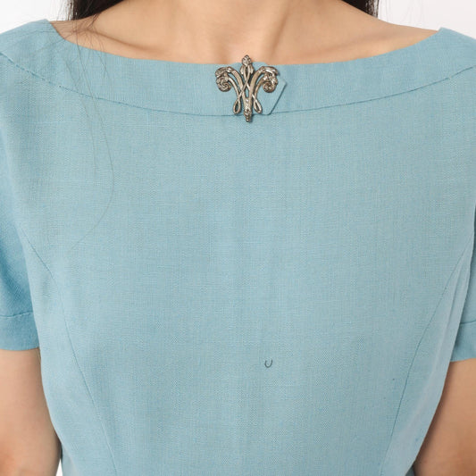 60s Mod Shift Dress Wool Boat Neck Blue Silver Brooch Large L